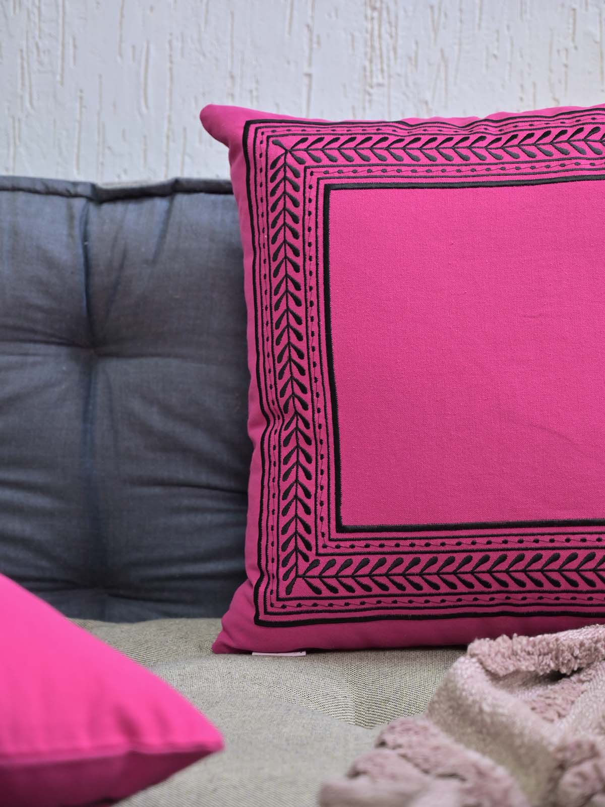 Hot Pink Embroidered Cushion Cover 18x18Inc