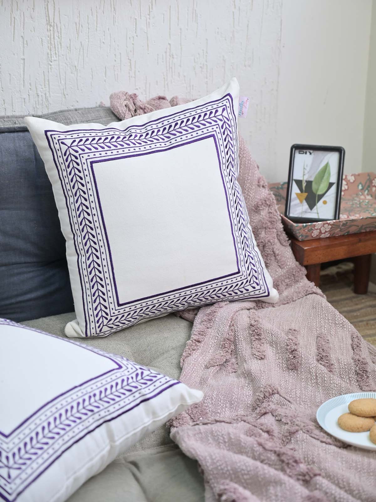 White Blue Embroidered Cushion Cover 18x18Inc