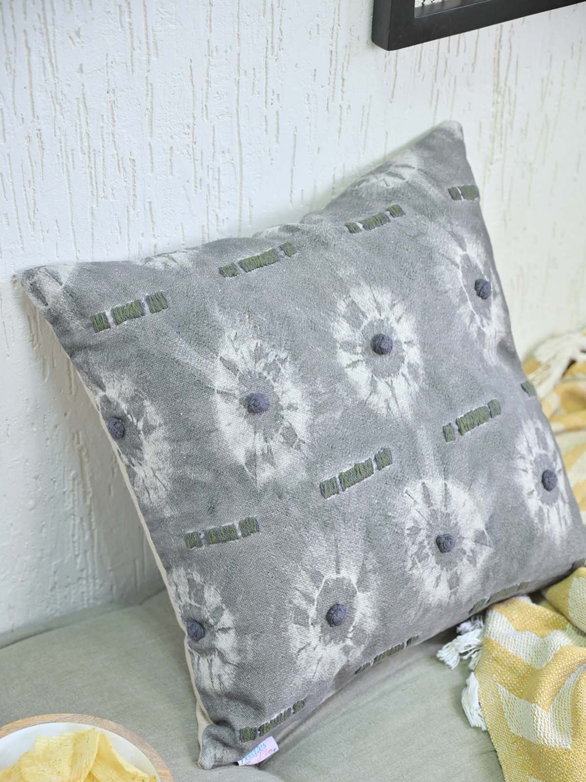 Linen Printed Pillow Cover with Hand Embroidery