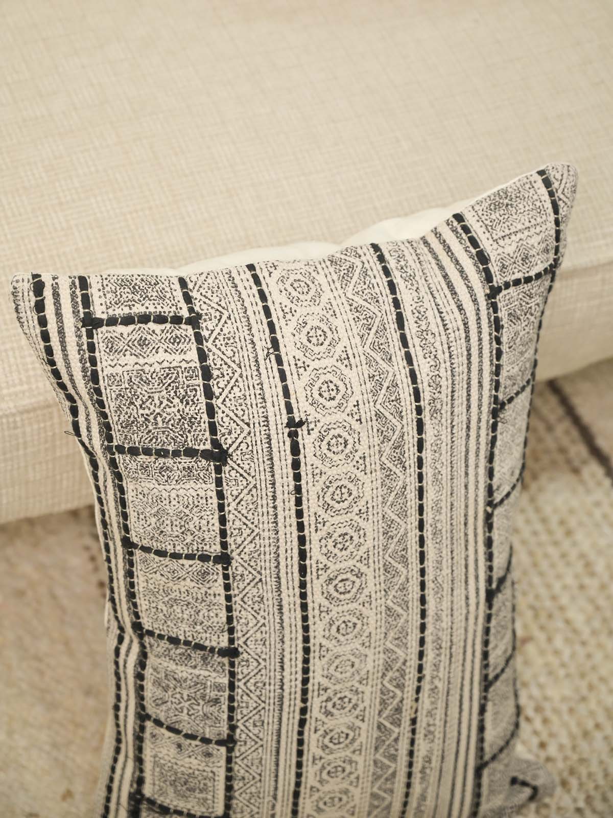 Block Print with Embroidery, Black & White Pillow Cover