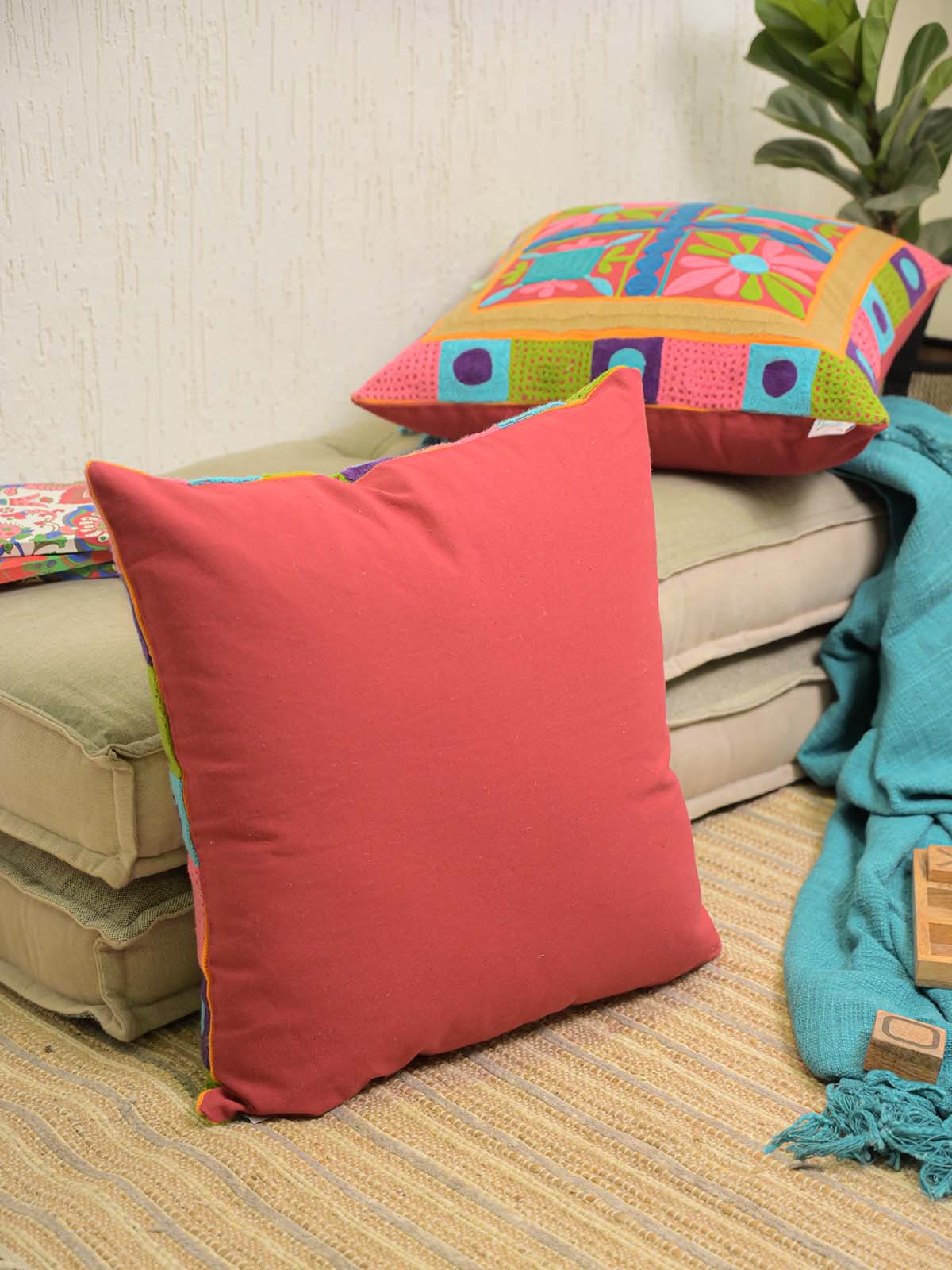 Multi-Coloured Hand Embroidered Cushion Cover