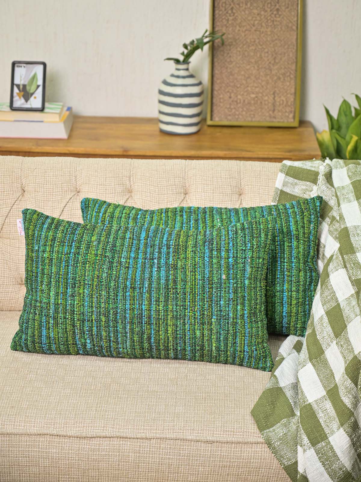 Green Boho Striped 14"x24" Pillow Cover Woven