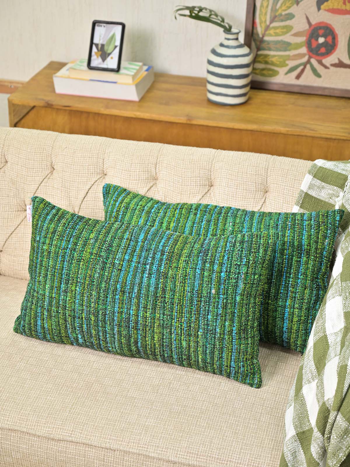 Green Boho Striped 14"x24" Pillow Cover Woven