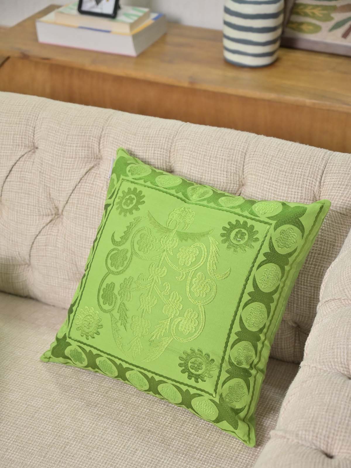 Green Embroidered Suzani Cushion Cover 18"x18" Embroidery